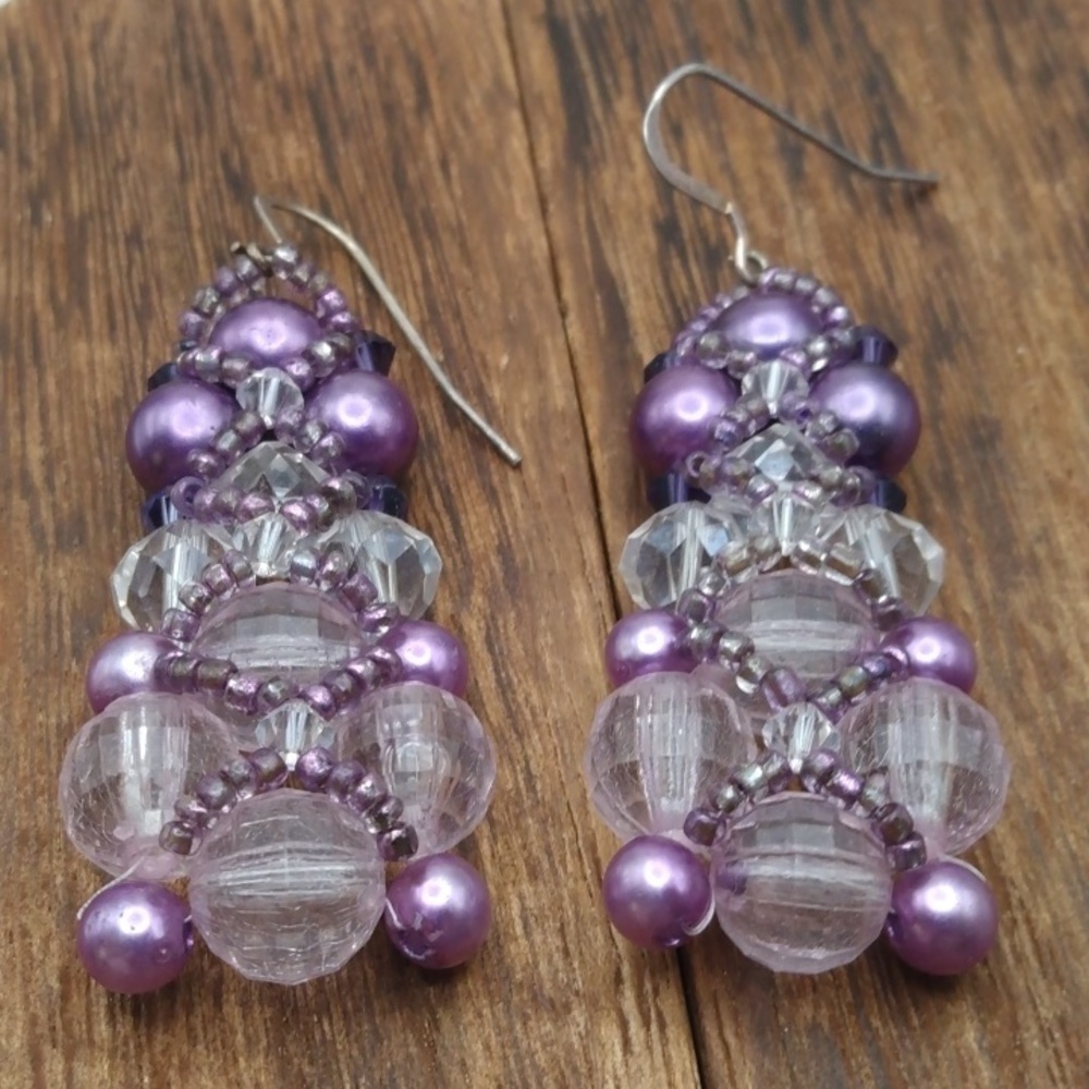 Amethyst purple lavender chandelier beaded sterling silver‎ earrings E640